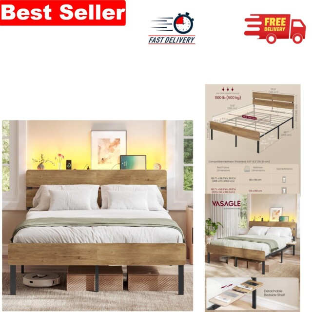 Double Metal Bed Frame 135x190cm With Led Lights & Usb Ports - Natural