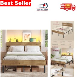 Double Metal Bed Frame 135x190cm With Led Lights & Usb Ports - Natural