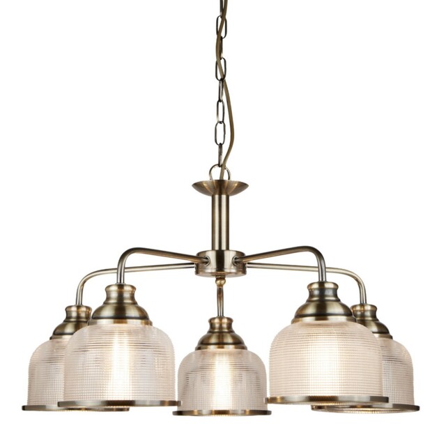 5 Light Pendant Ceiling Light Bistro Antique Brass Holophane Glass E27