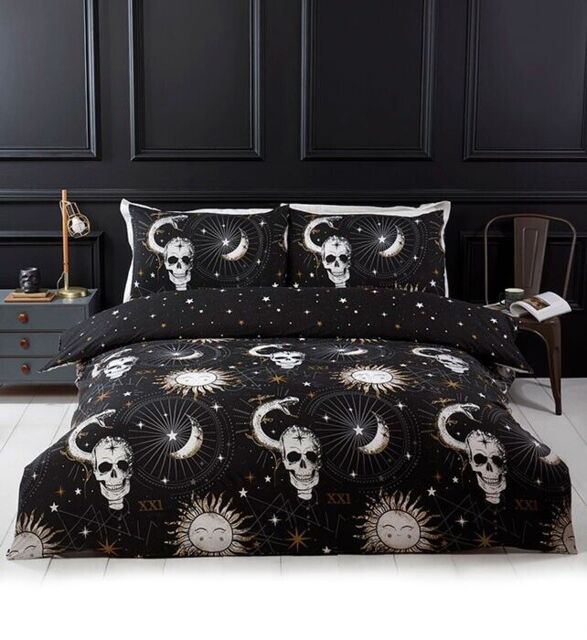 Tarot Skulls Moon Duvet Cover Set Bedding, Goth Halloween Gothic,