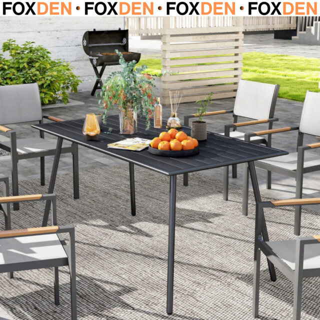 Metal Outdoor Table Black Garden Dining Table For 6 People Slat Top