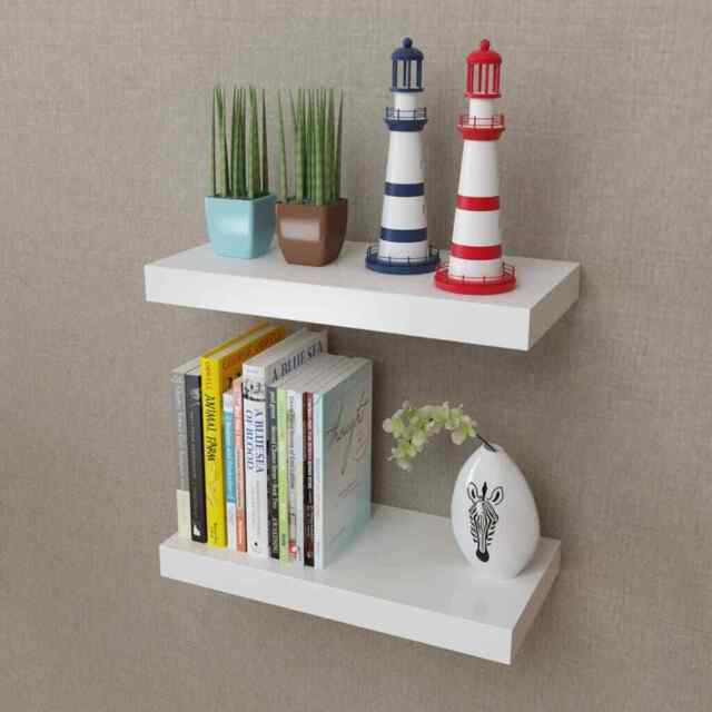 2 White Mdf Floating Wall Display Shelves Book/dvd Storage Vidaxl