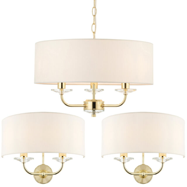 3 Bulb Ceiling Pendant Lamp & 2x Matching Twin Wall Light Modern Brass
