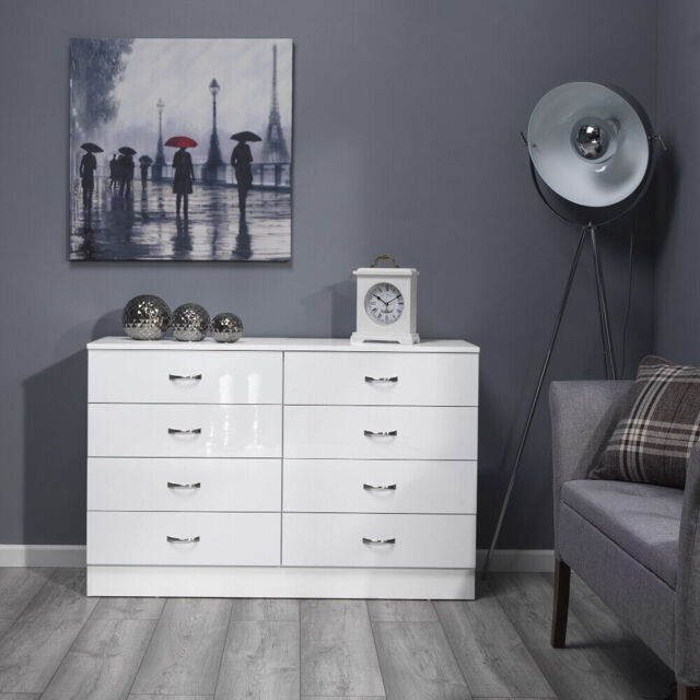 White Black Grey Gloss Chest Of Drawers & Bedsides Gloss Bedroom -