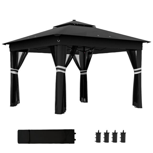Pop-up Gazebo Black 3x3m Steel Frame Oxford Cloth Solar Led Remote