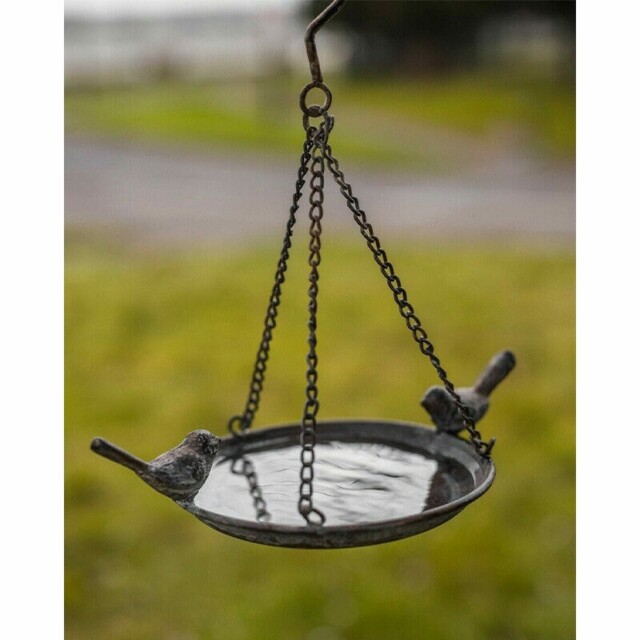 Silver Hanging Bird Feeder Distressed Metal Effect Tray Chain Garden