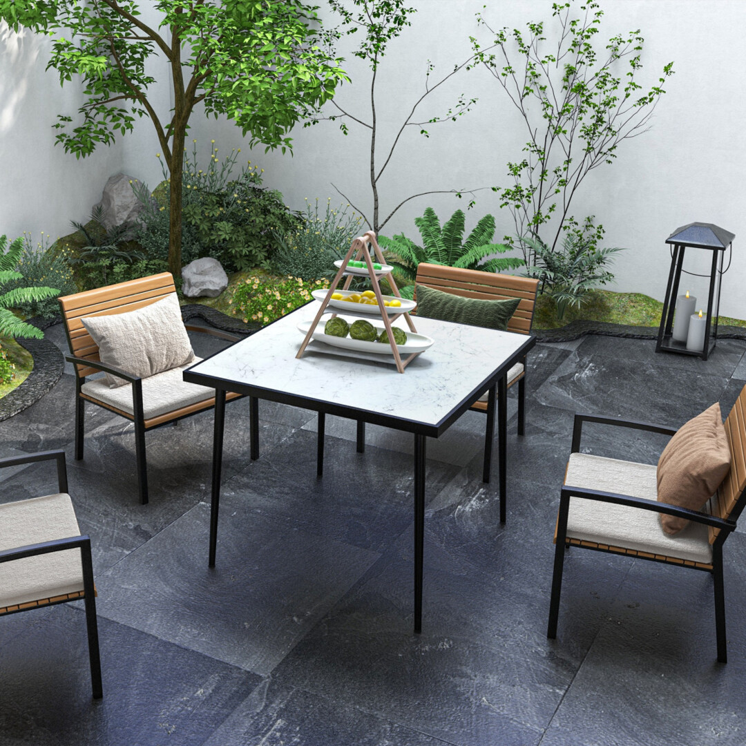 Outdoor Dining Table For With Marble Effect Tempered Glass Top