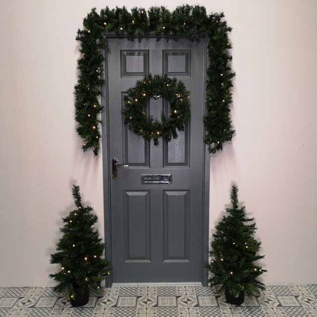 Christmas Light Up Led Door Set - Garland, Wreath And 2 Trees In Pots