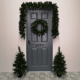 Christmas Light Up Led Door Set - Garland, Wreath And 2 Trees In Pots