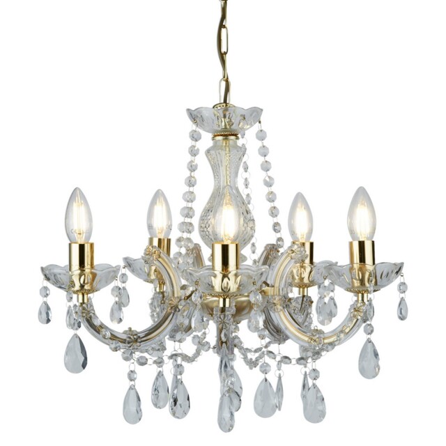 5 Light Polished Brass Ceiling Fitting Chandelier Light With Clear