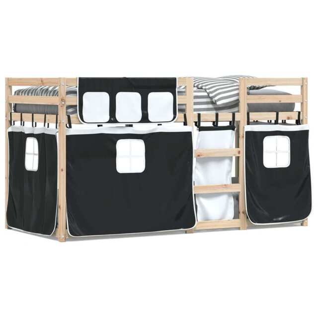 Bunk Bed With Curtains White & Black 90x200 Cm Solid Wood Pine Vidaxl
