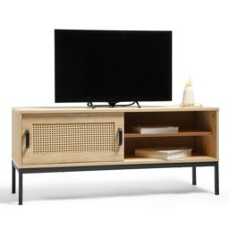 Rattan Tv Unit Cabinet Stand Wood Effect - 1 Door Storage & 3 Shelves