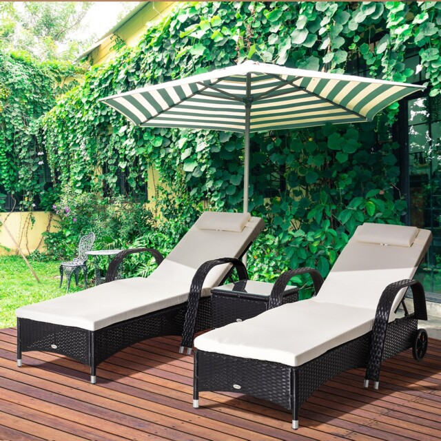 3pc Rattan Sun Lounger Wicker Sofa Day Bed Recliner Furniture Garden
