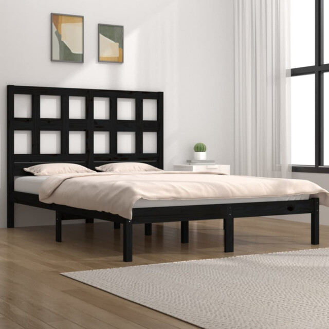Bed Frame Black Solid Pinewood 140x190cm Mattress Base With Headboard