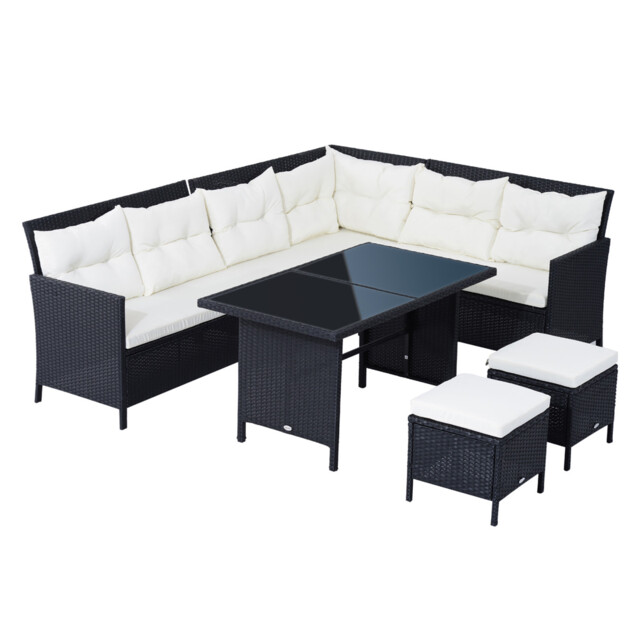 Corner Dining Sofa Set 6pc Black/cream 110.5x62x82cm Pe Rattan Steel
