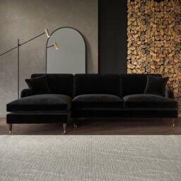 Black Velvet L Shaped Sofa 3 Seater Left Hand Facing Saddle Arms