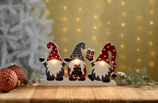 Wooden Light Up Trio Of Christmas Gonks Shelf Decoration - 28cm