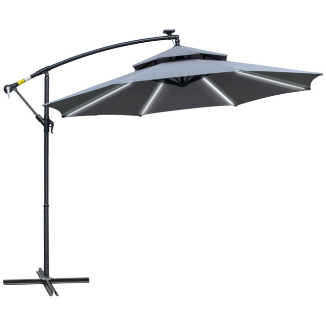 Cantilever Parasol Grey 295x295x230cm Metal Solar Led Crank Offset