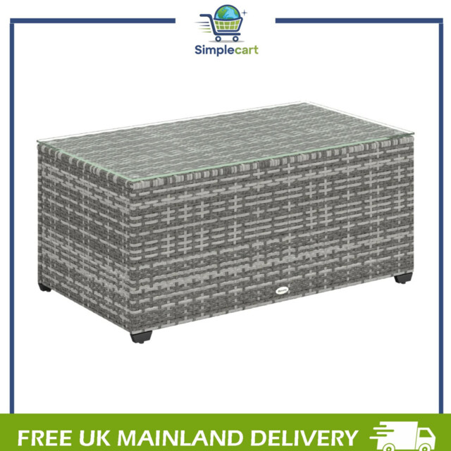 Outdoor Coffee Table, Glass Top Rattan Side Table, Light Grey