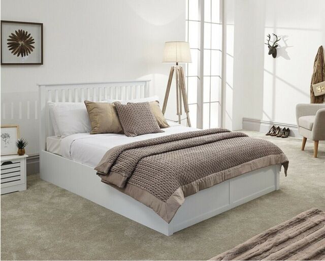 White Wood Ottoman Gas Lift Up Storage Shaker Bed Como Double 4ft 6