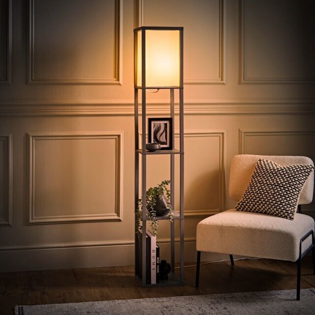 Standard Floor Lamp With Shelf Storage Wooden Standing Living Room