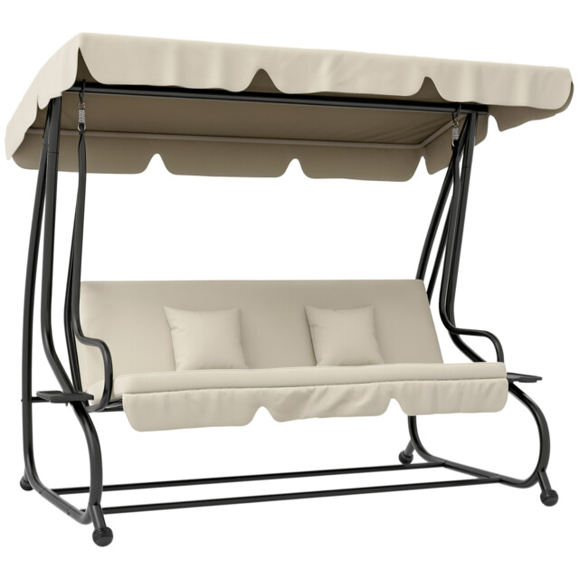 Outsunny 2-in-1 Garden Swing Chair For 3 Person W/ 2 Pillows, Cream