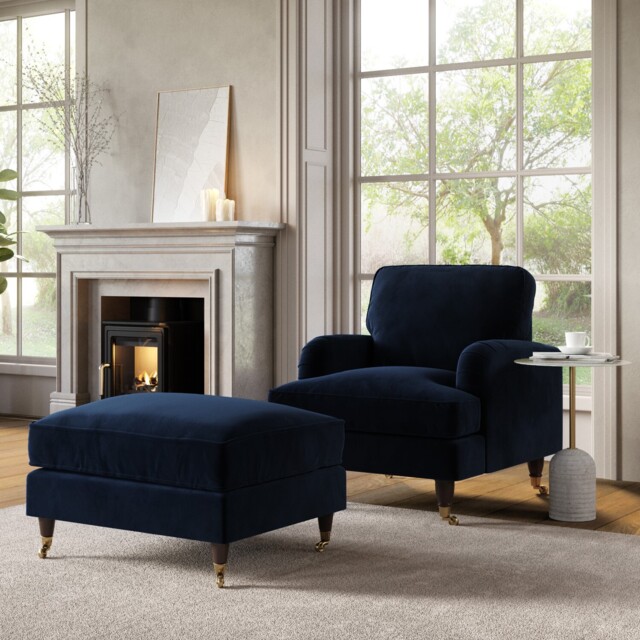 Navy Velvet Armchair And Footstool - Payton Bun/pay019/85932