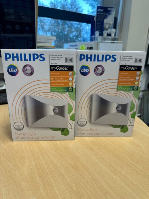 2 X Philips Herb Led Outdoor Wall Light In Stainless Steel Sensor