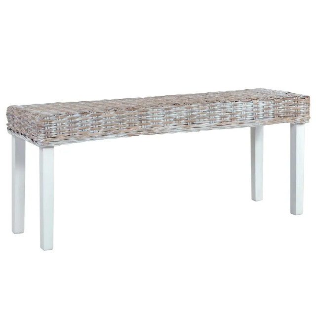 Bench 110 Cm White Natural Kubu Rattan And Solid Mahogany Wood Vidaxl