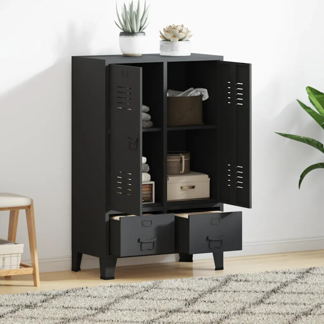 Wardrobe Black Metal Industrial Locker Style 2 Doors 2 Drawers