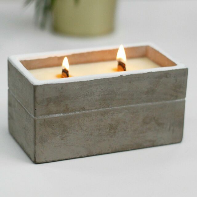 Square Concrete Wooden 2 Wicks Crackling Soy Candle Spiced Island Lime