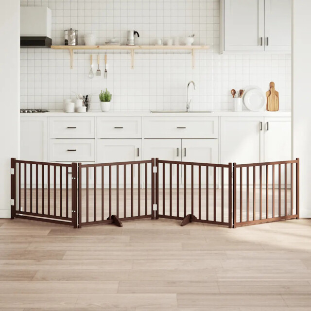 Dog Gate With Door Foldable 4 Panels Brown Oak 320 Cm Solid Wood Fir
