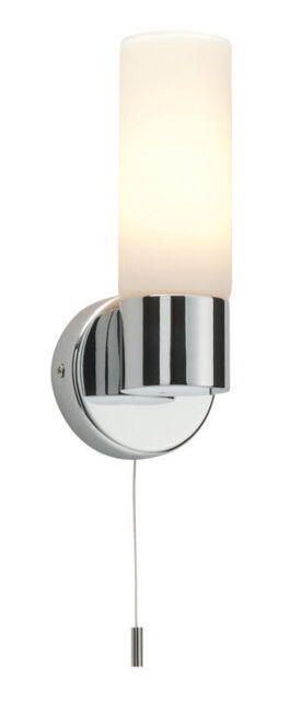 40w Ip44 Modern Chrome & White Glass Bathroom Wall Light Pull Switch