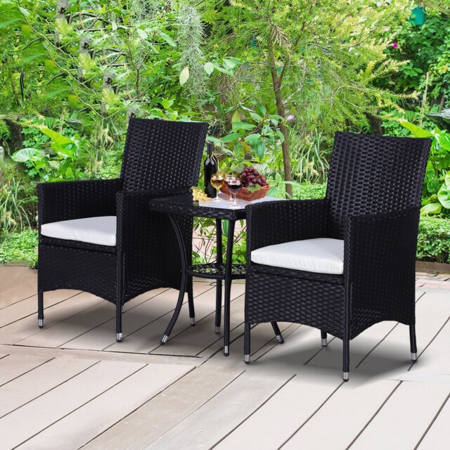 3pc Rattan Furniture Bistro Set Garden Table Chairs Patio Outdoor