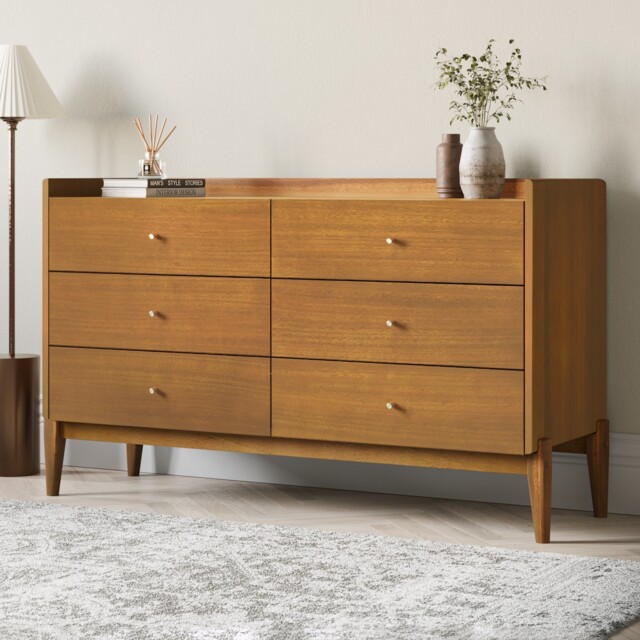Wide Wooden Mid-century 6 Drawer Chest Of Drawers - Rumi Rum002