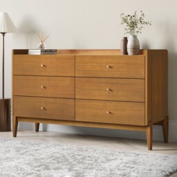 Wide Wooden Mid-century 6 Drawer Chest Of Drawers - Rumi Rum002