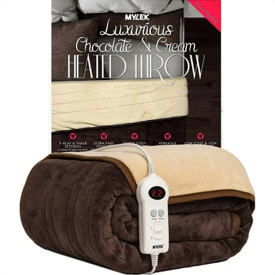 Mylek Electric Heated Throw Blanket Chocolate Cream Fleece Over Sofa