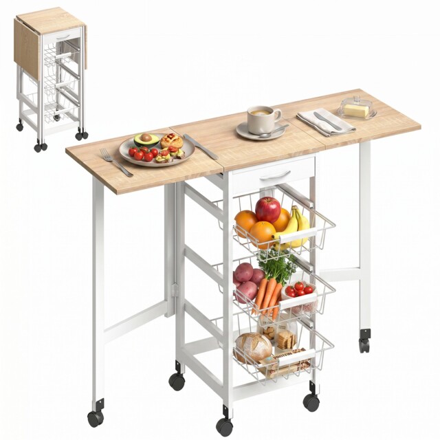 Homcom Drop-leaf Kitchen Trolley W/ 3 Baskets Drawer Surface Top 6