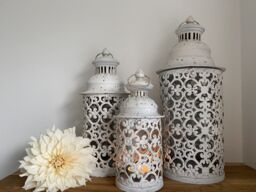 Set 3 Large White Metal Moroccan Lanterns Vintage Antique Candle