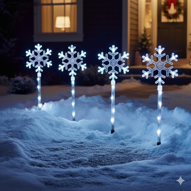 4 X Christmas Xmas White Led Snowflake Garden Pathway Stake Light