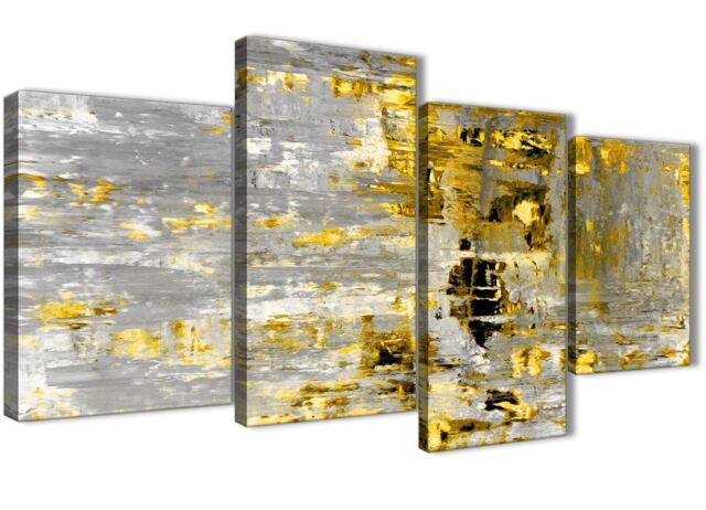 Large Yellow Abstract Painting Art Print Canvas - 4 Piece - 130cm Wide