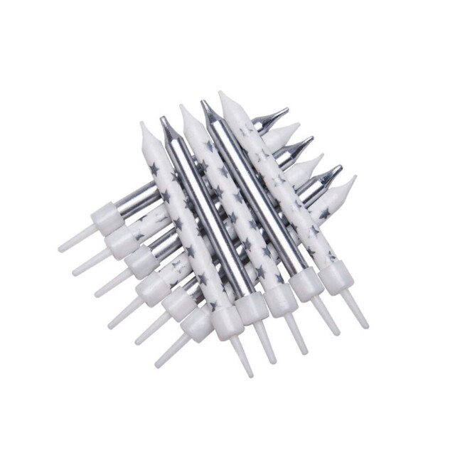 Silver Metallic Star Birthday Candles Pack Of 12