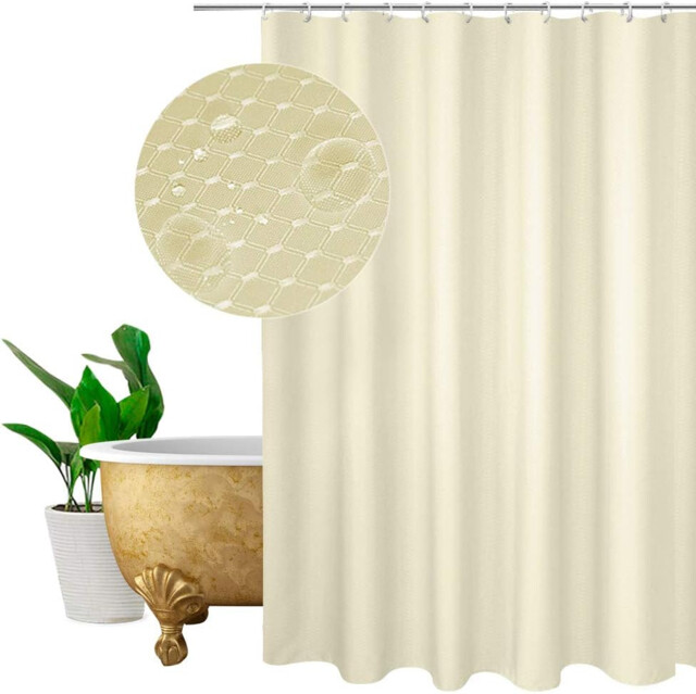Shower Curtain Beige, Plain Design Waffle Checked Polyester Shower