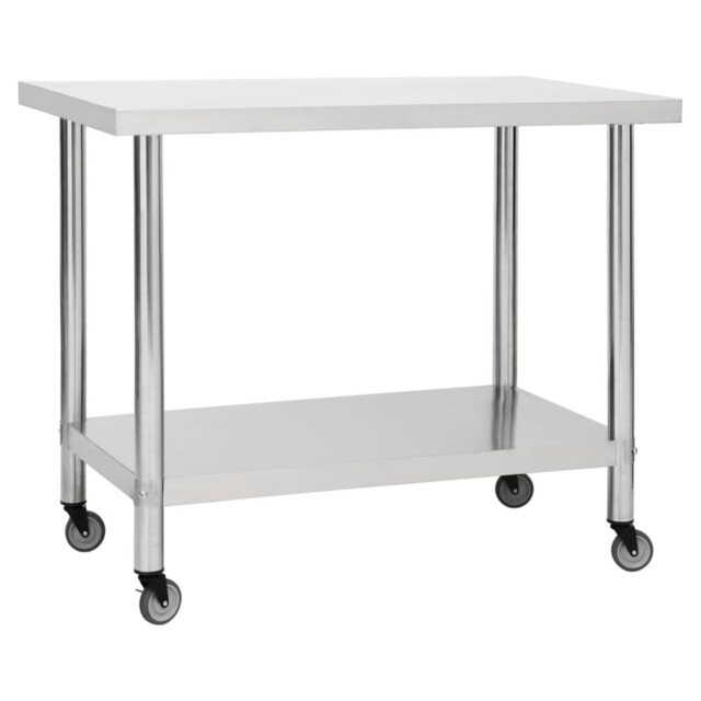 Stainless Steel Work Table 100x45x85cm Silver Bottom Shelf +2 Braked