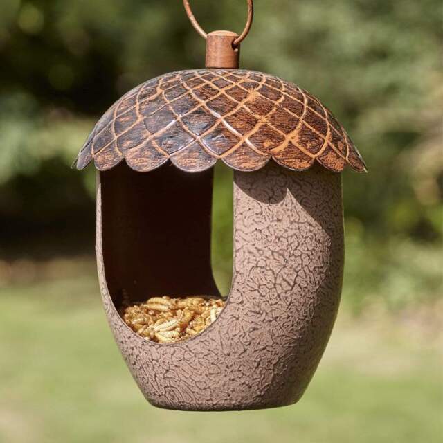 Peckish Hanging Wild Bird Feeder - Acorn Shaped Decorative Brown Metal