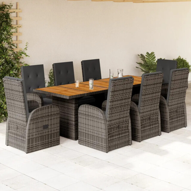 9 Piece Garden Dining Set With Cushions Grey Poly Rattan Vidaxl