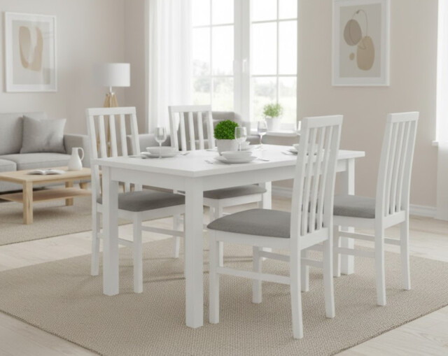 White Wooden Dining Chair Solid Wood Grey Fabric Padded Seat