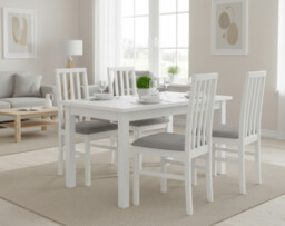 White Wooden Dining Chair Solid Wood Grey Fabric Padded Seat