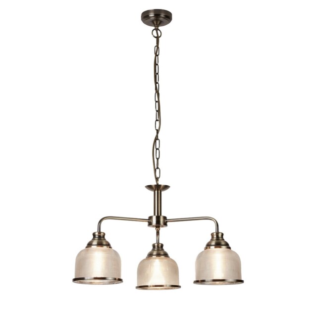 3 Light Pendant Ceiling Light Bistro Antique Brass Holophane Glass E27