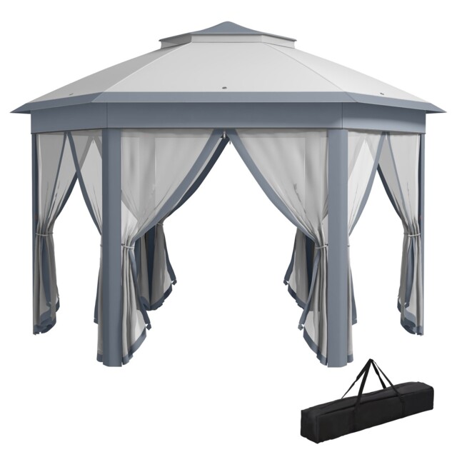 Outsunny 3x4m Hexagon Gazebo W/ Mesh Curtains Outdoor Garden, Grey